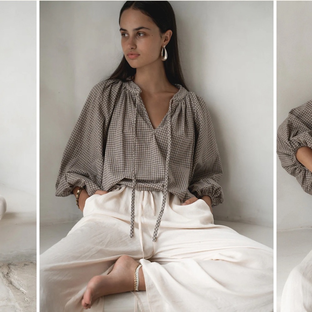 Daughters of India Checkered Blouse in Brown and Cream